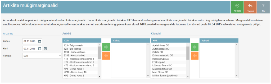 SmartAccounts aruanne Artiklite müügimarginaalid