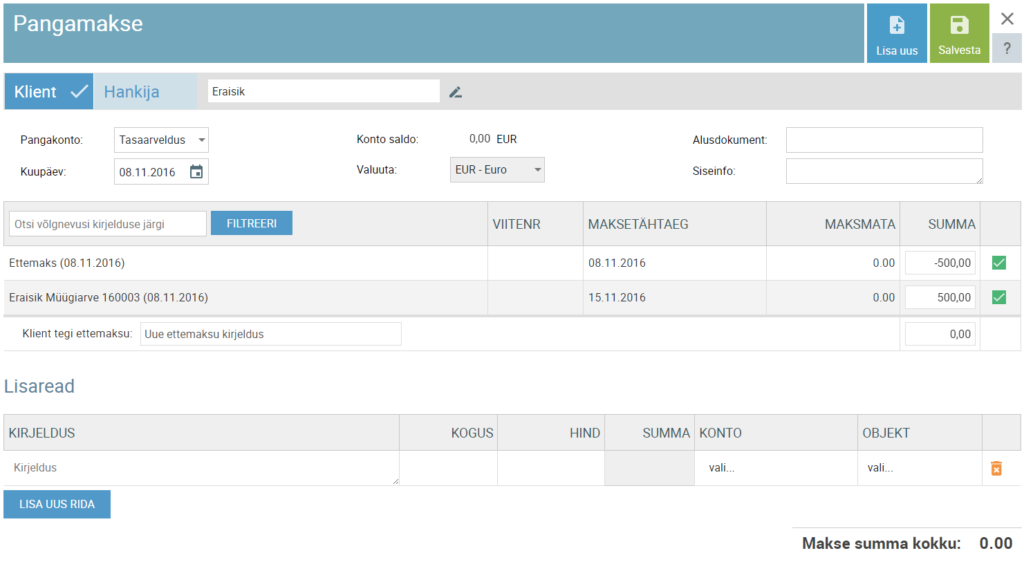 SmartAccounts tasaarveldamine pangamakse