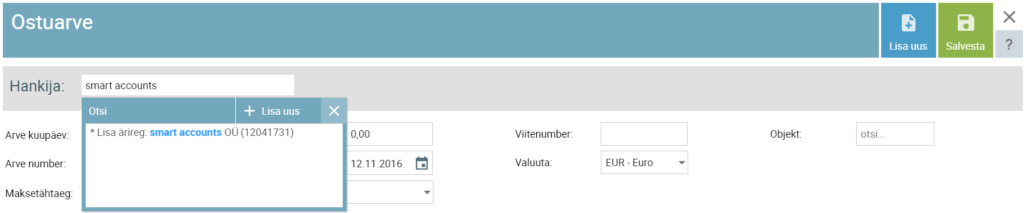 SmartAccounts hankija valimine ostuarvele
