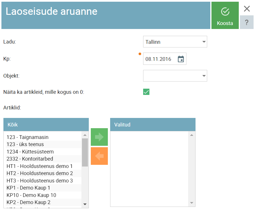 SmartAccounts ladu laoseisude aruanne 