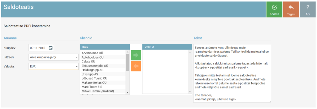 SmartAccounts saldoteatise dokumendi koostamine