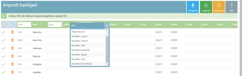 SmartAccounts hankijate andmebaasi import failist