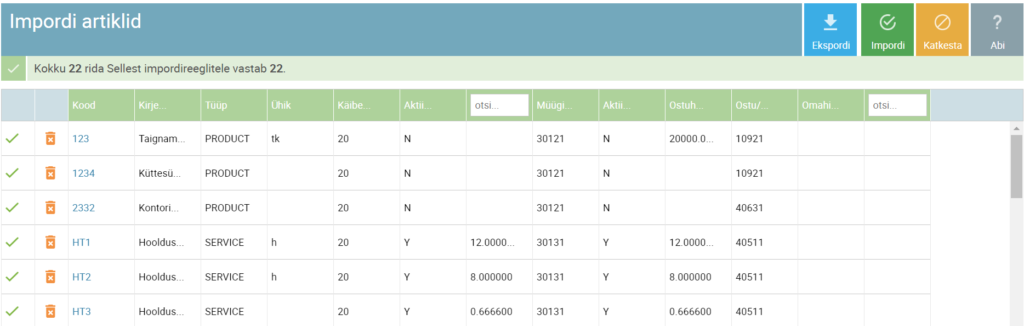 SmartAccounts artiklite andmebaasi importimine