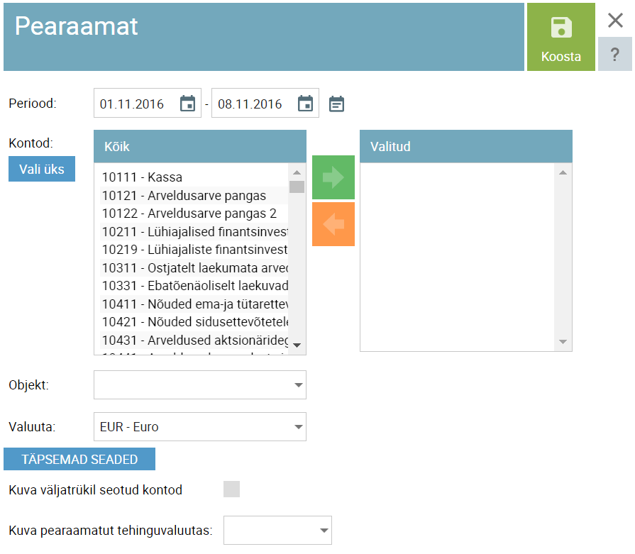 SmartAccounts pearaamatu väljavõte üle mitme konto