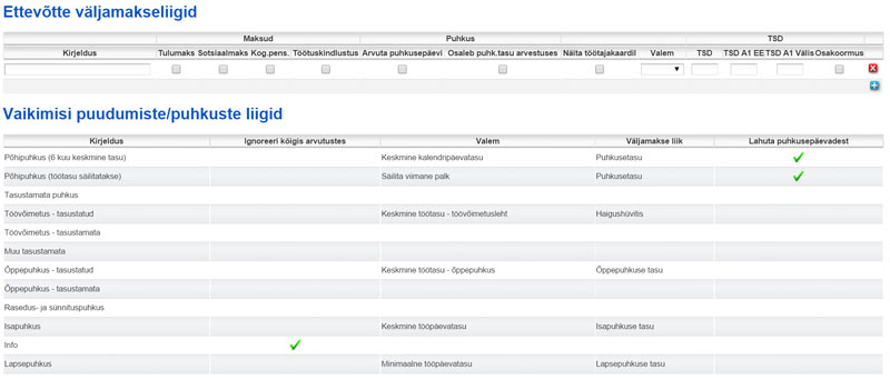 SmartAccounts seadistatavad väljamakse liigid