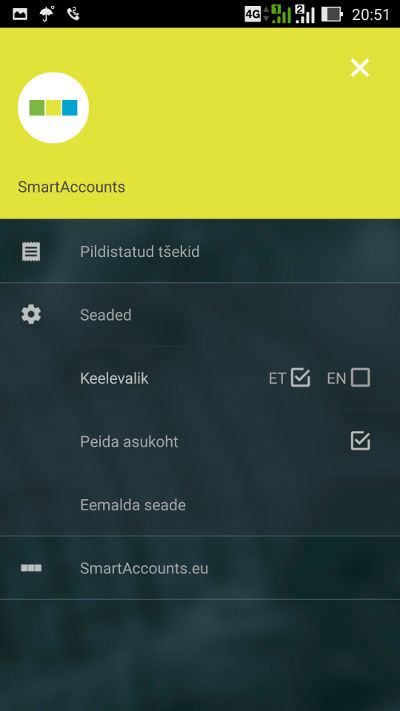 SmartAccounts mobiilirakenduse menüü