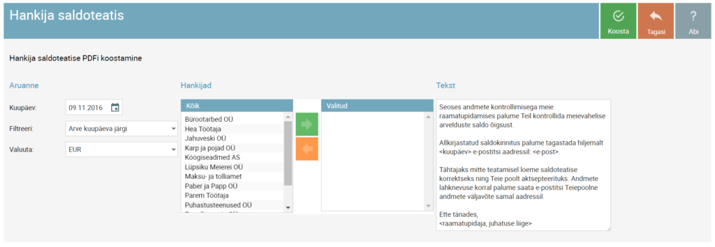 SmartAccounts saldoteatise dokument hankijale