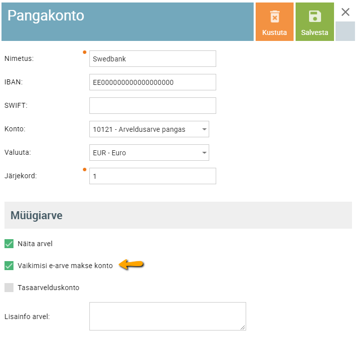 SmartAccounts vaikimisi earve makse pangakonto