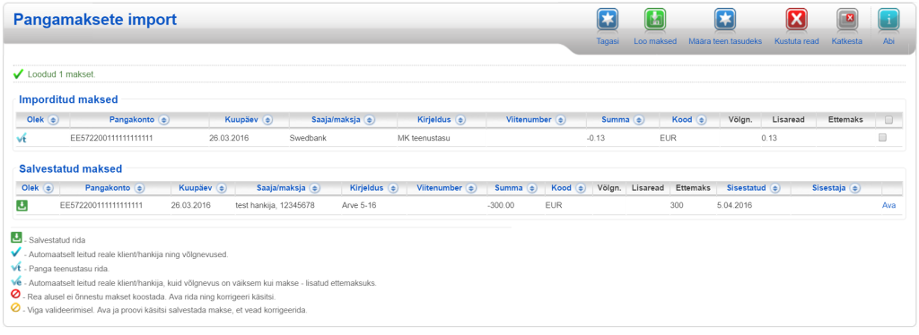 SmartAccounts pangamaksete import salvestatud makse