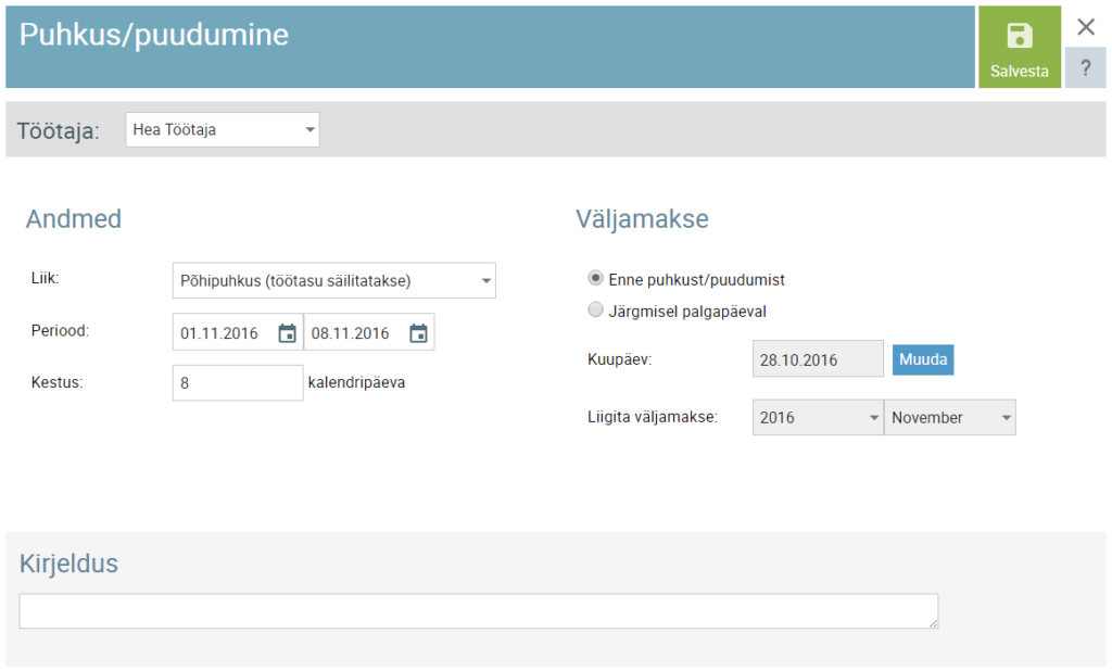 SmartAccounts puhkuse ja puudumise lisamine