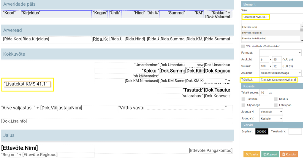 SmartAccounts dokumendimalli seadistamine metalli müük