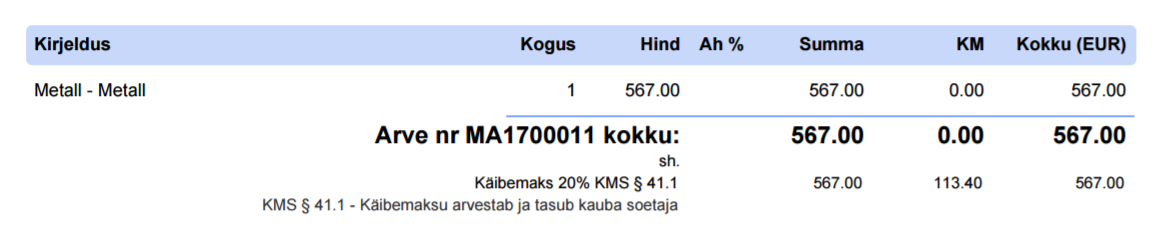 SmartAccounts metalli müük käibemaks