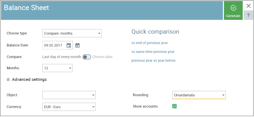 SmartAccounts conparative balance sheet