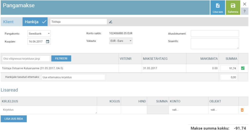 SmartAccounts kuluaruanne kulude kompenseerimine