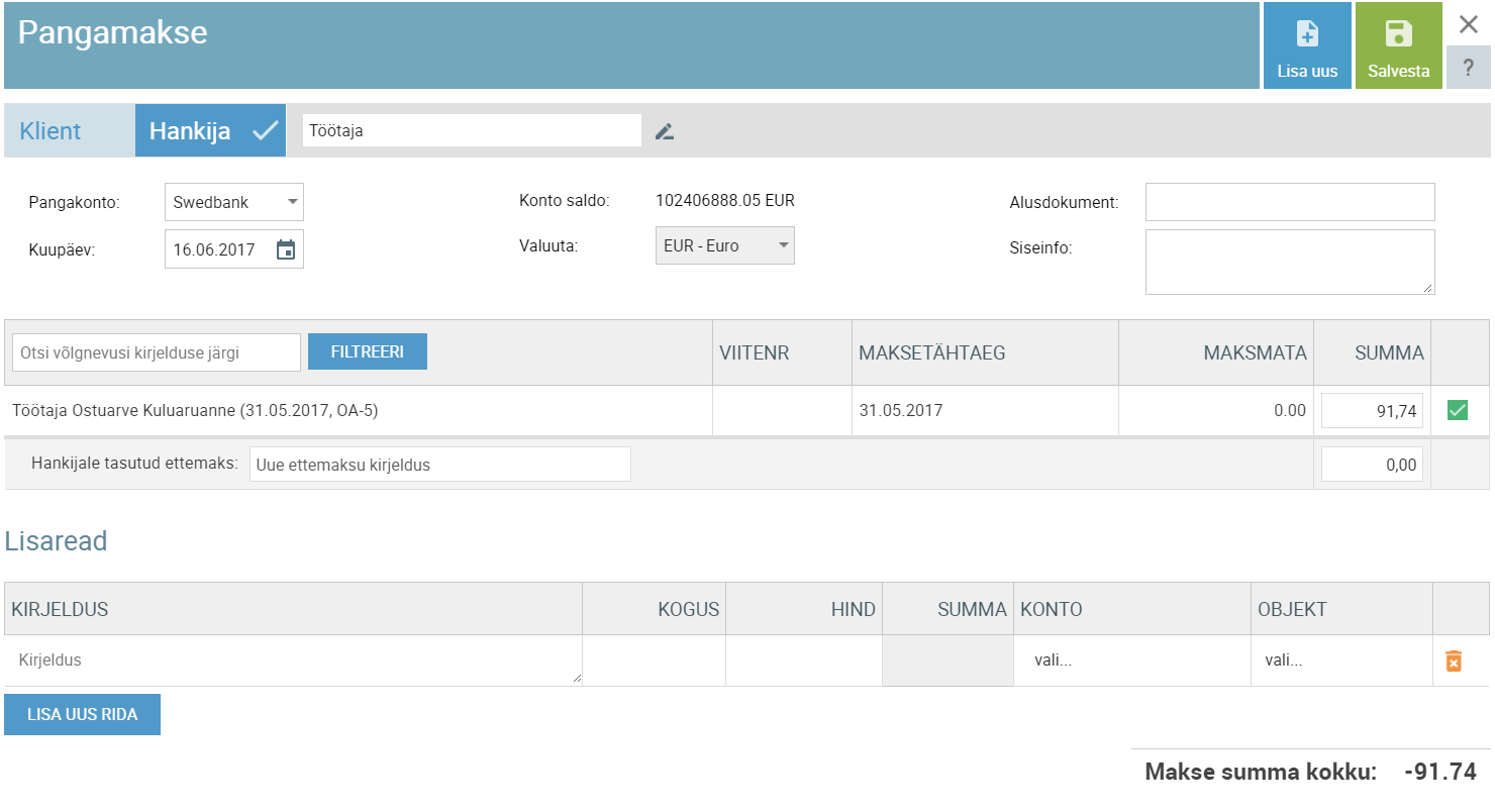 SmartAccounts kuluaruanne pangamakse