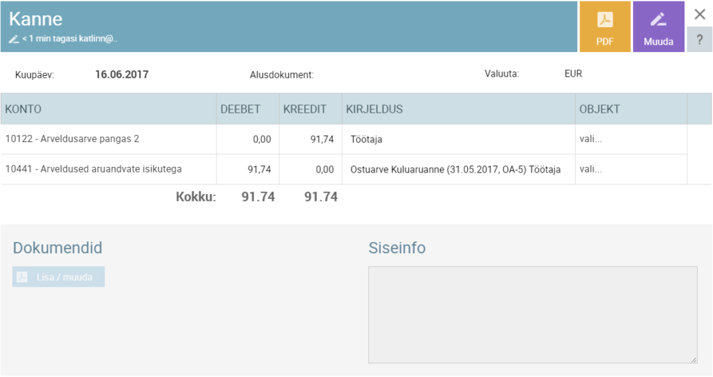 SmartAccounts kuluaruanne pearaamatu kanne