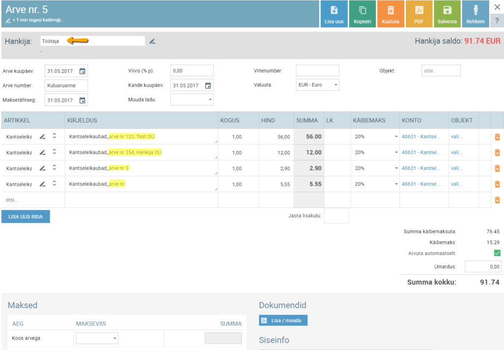 SmartAccounts kuluaruanne ostuarve