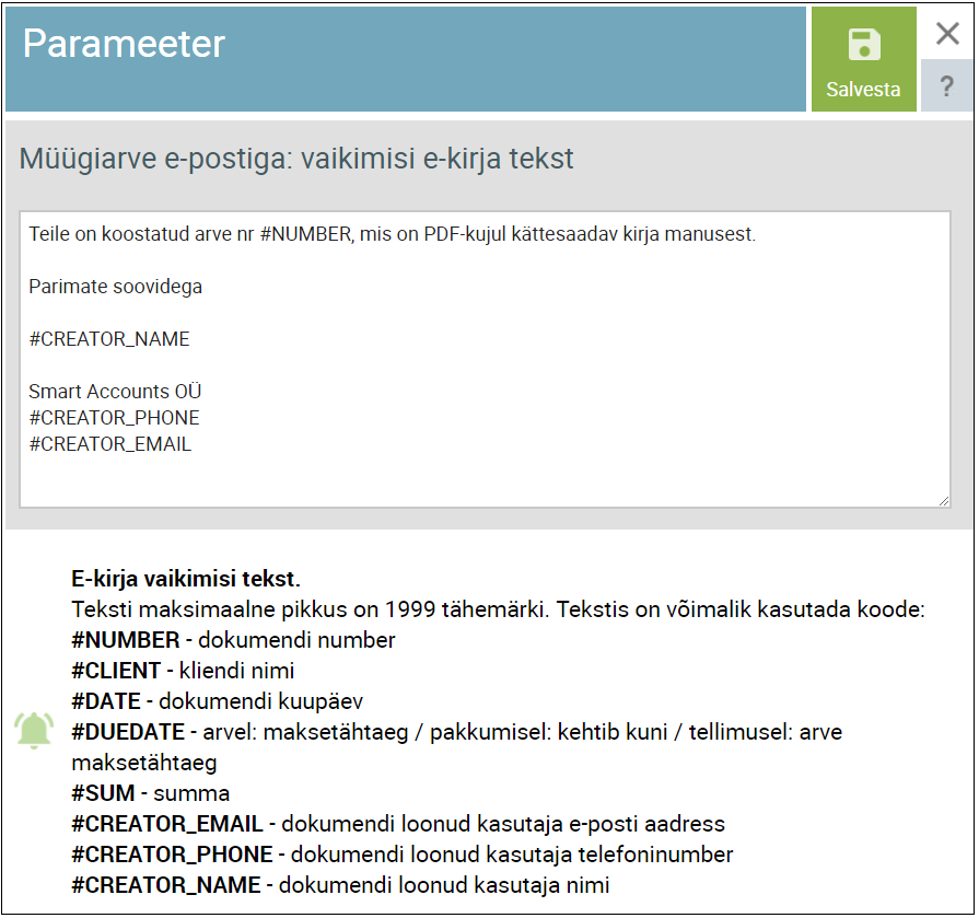 SmartAccounts müügiarve vaikimisi ekirja tekst