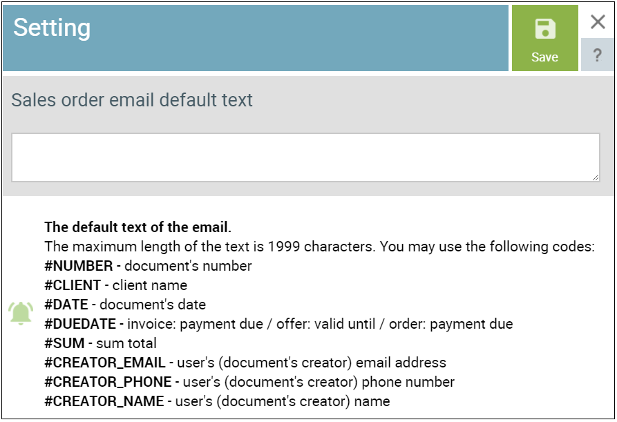 SmartAccounts sales and order email default text