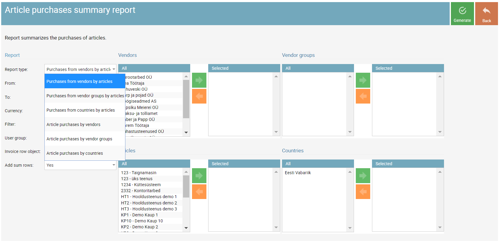 SmartAccounts article purchase summary report