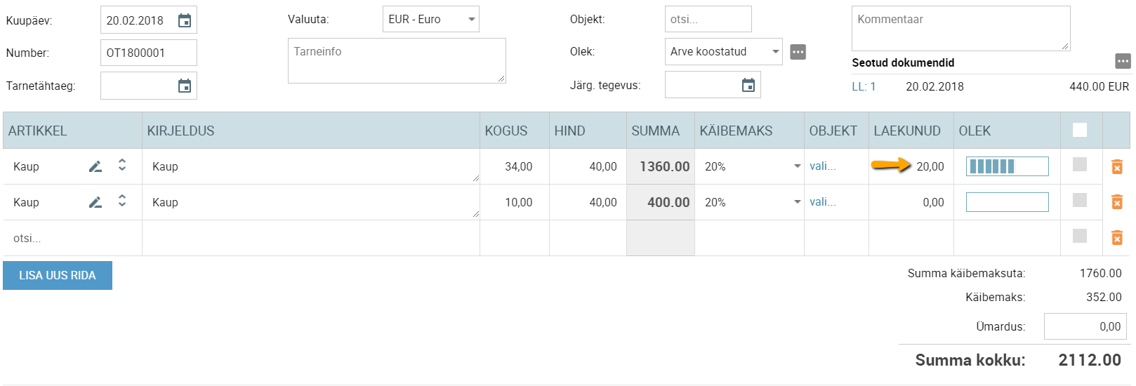 SmartAccounts ostutellimuse täituvuse jälgimine