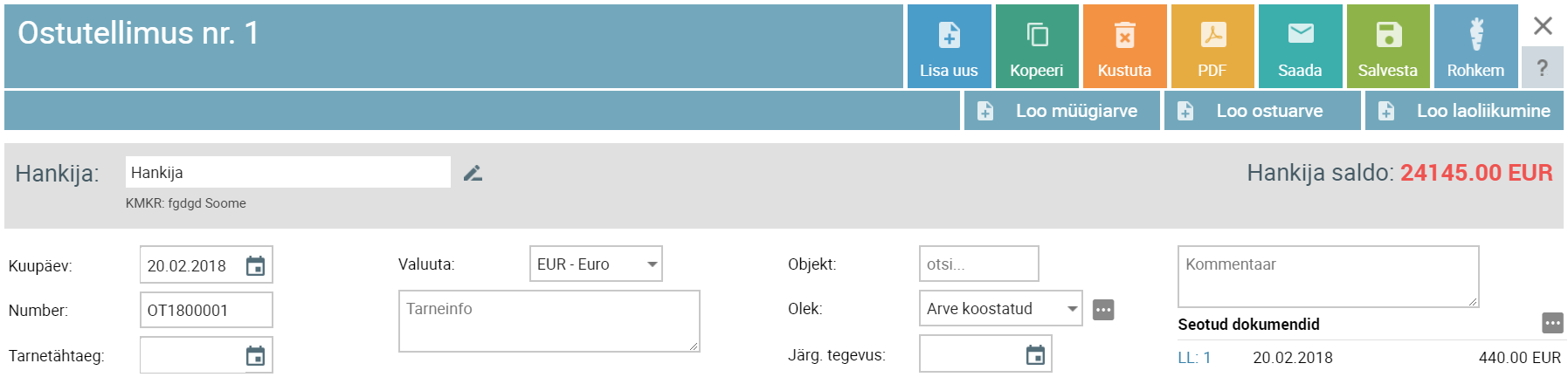 SmartAccounts ostutellimusest ostuarve müügiarve laoliikumine