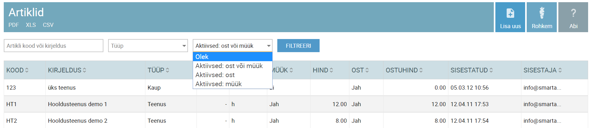 SmartAccounts artiklite nimekiri