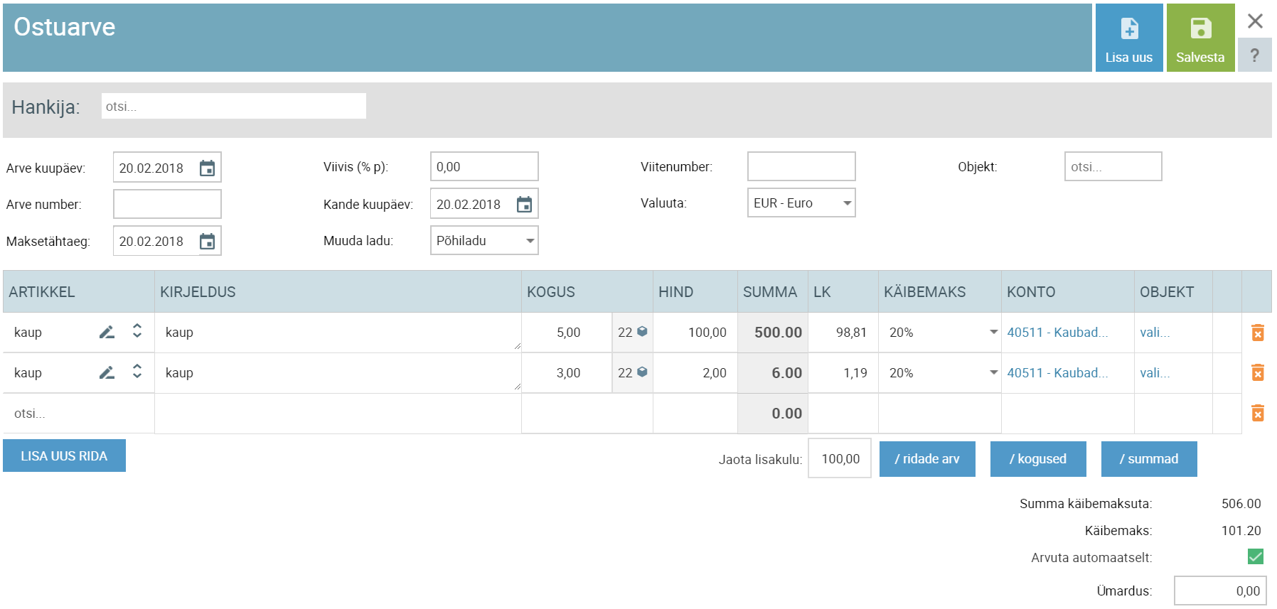 SmartAccounts lisakulude jaotamine artikli hinnale