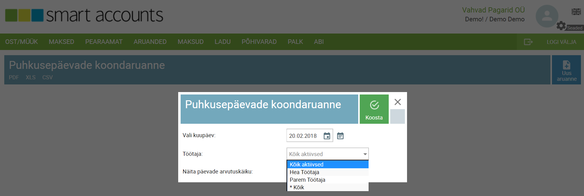 SmartAccounts puhkusepäevade saldo aruanne