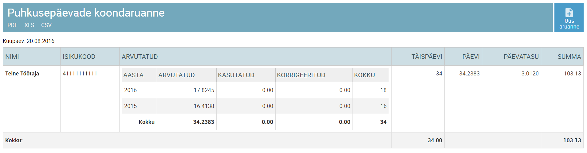 SmartAccounts puhkusepäevade saldo aruanne koos tasu arvutuskäiguga