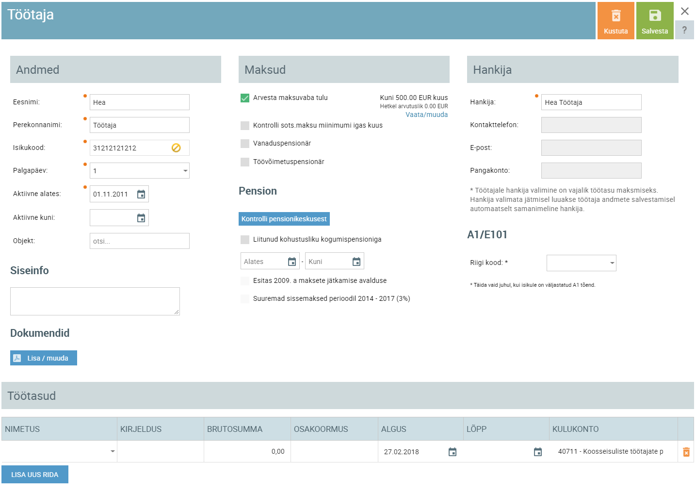 SmartAccounts töötaja kaart uue töötaja sisestamine