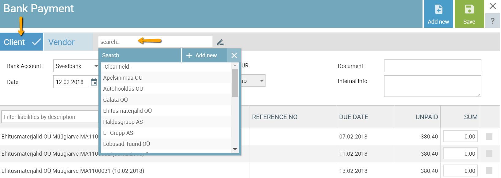 bank payment choose client