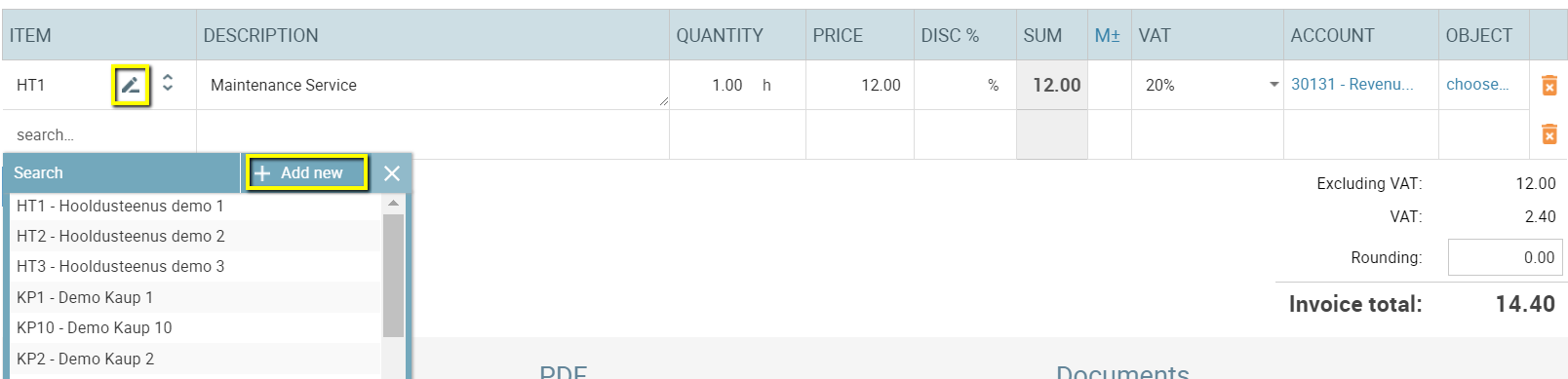 sales invoice rows