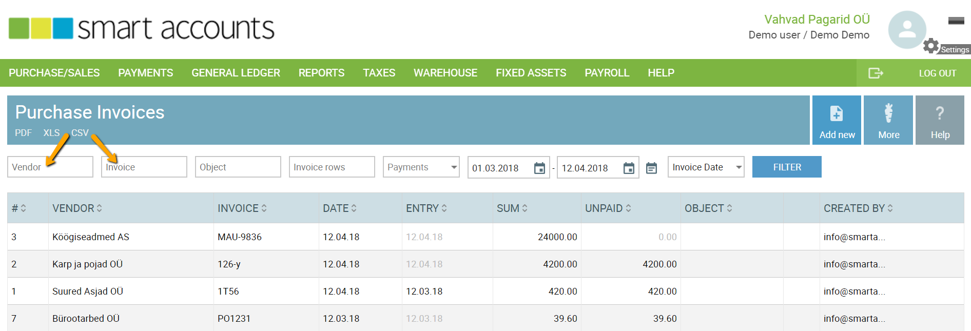 the list of purchase invoices