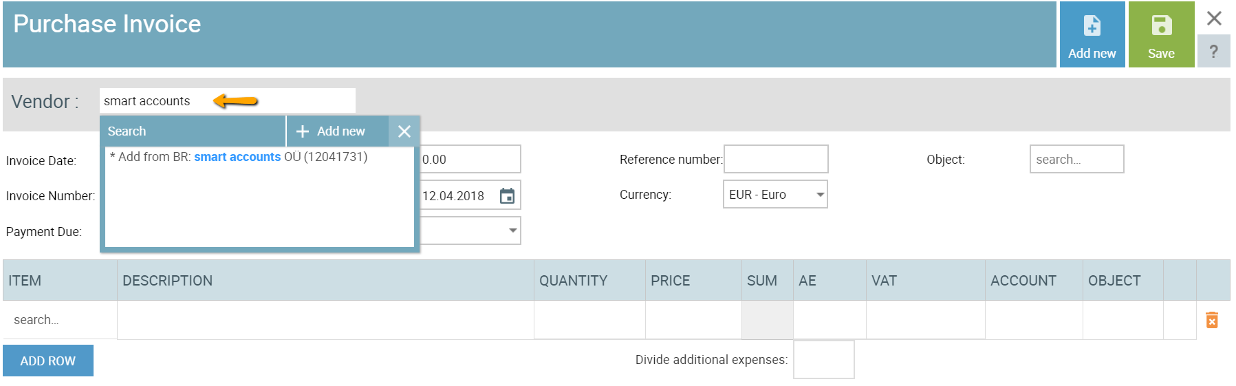 purchase invoice business registry query