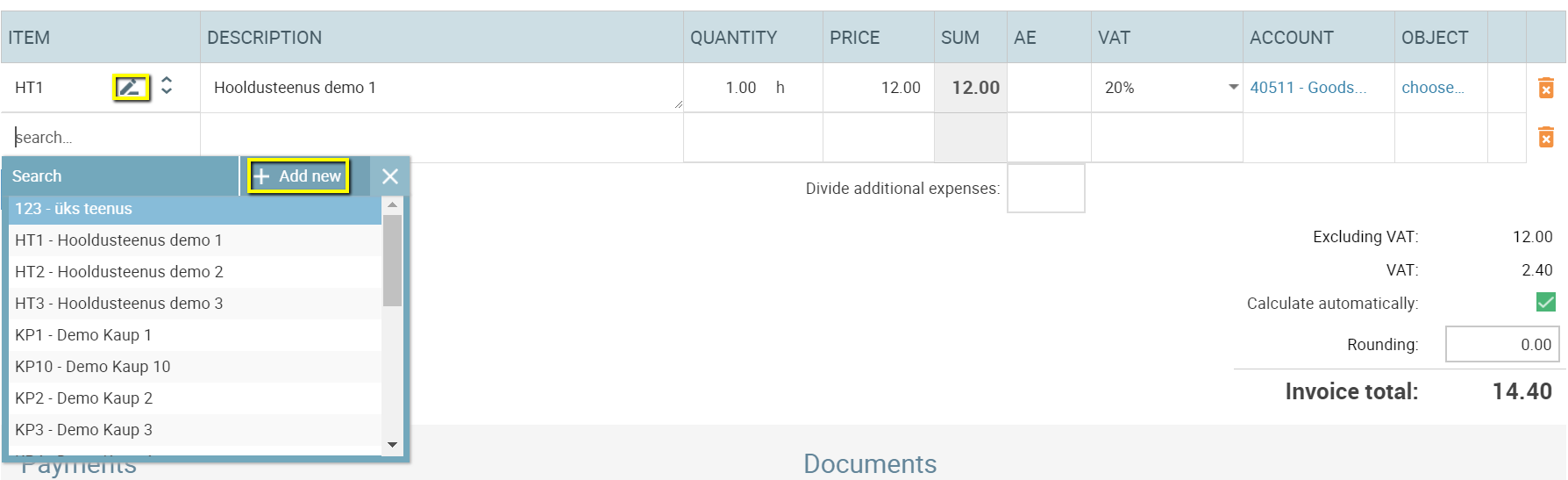 purchase invoice choose item