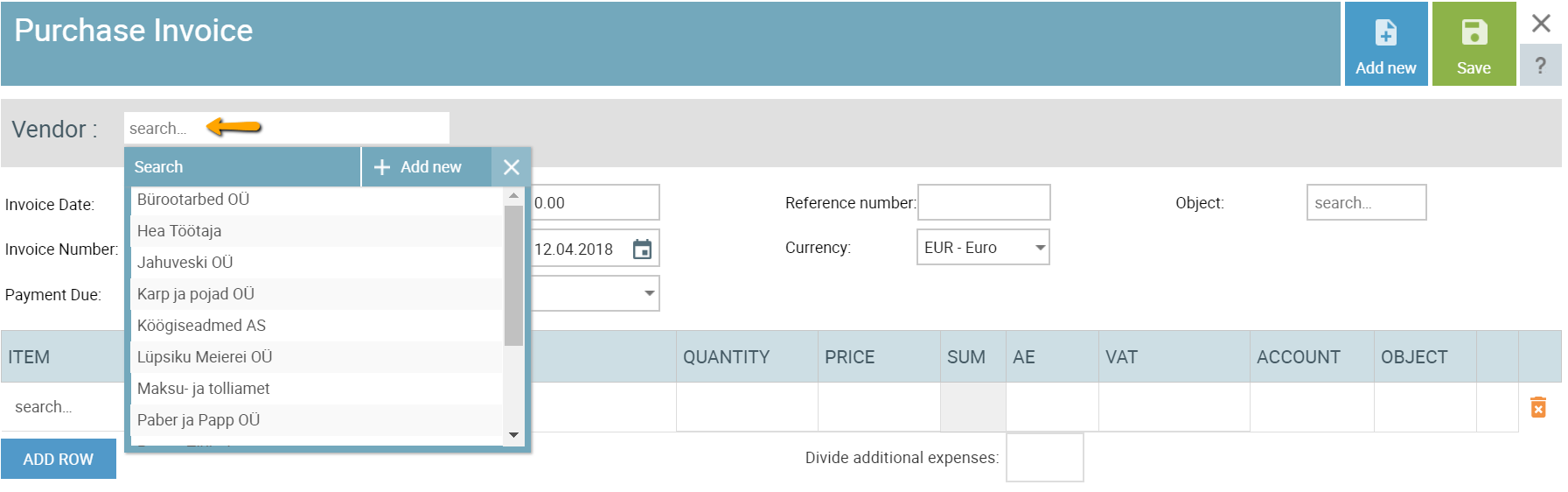 purchase invoice choose vendor