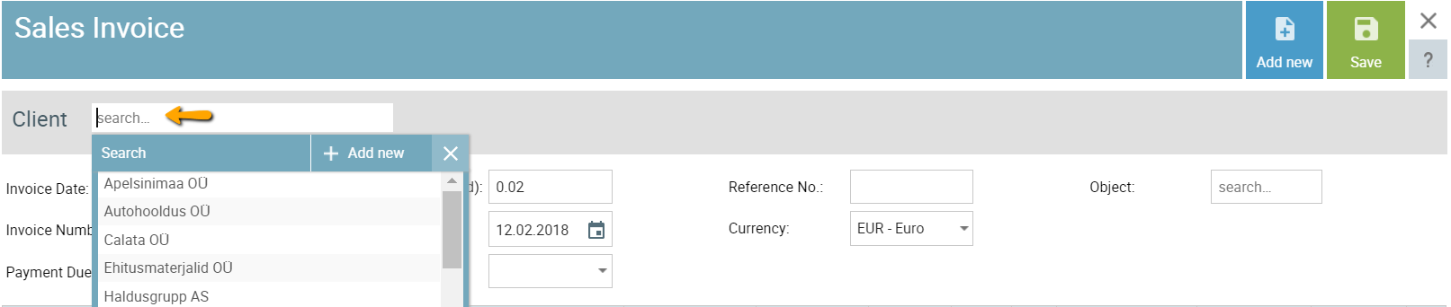 searcg client sales invoice