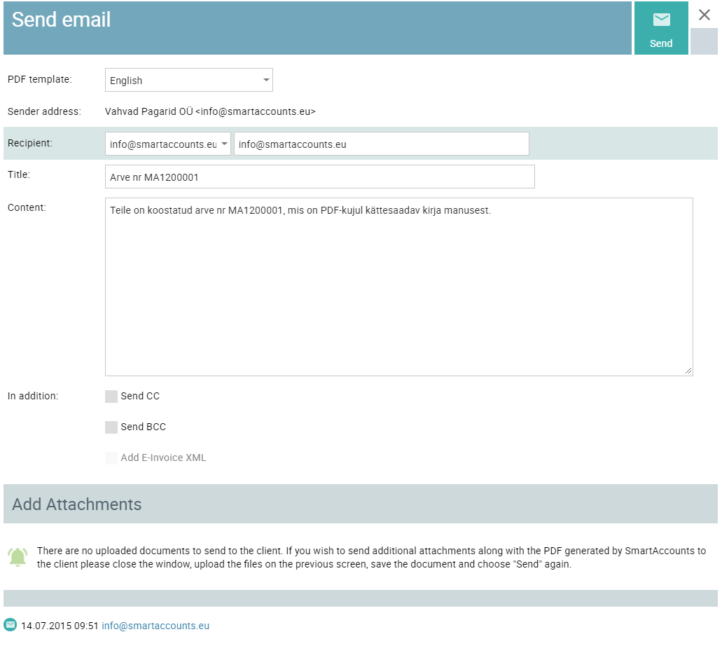 invoice sending screen