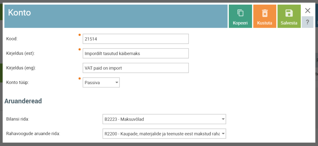 impordi käibemaksu konto