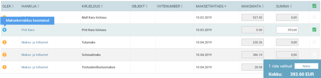 maksekorralduste ekspordi märgistatud read