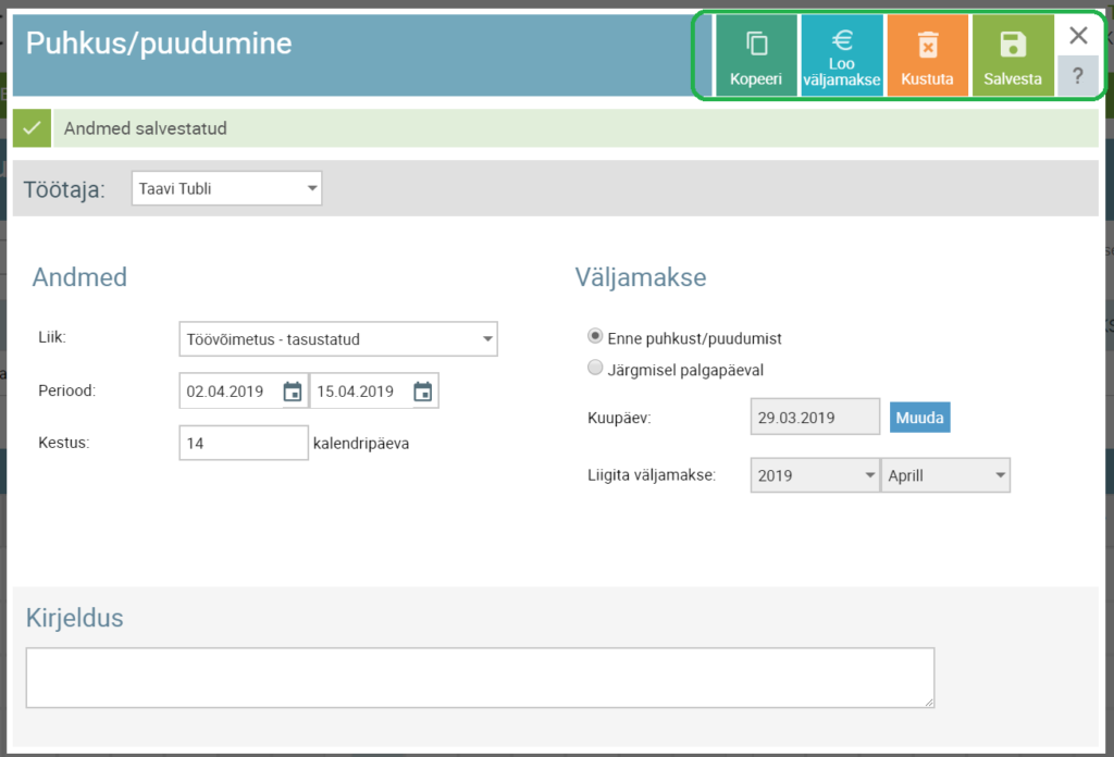 töövõimetushüvitise väljamakse loomine