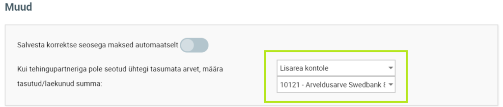 pangmaksete impordi lisarea konto määramine