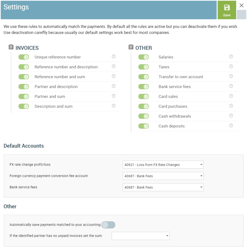 bank statement import settings