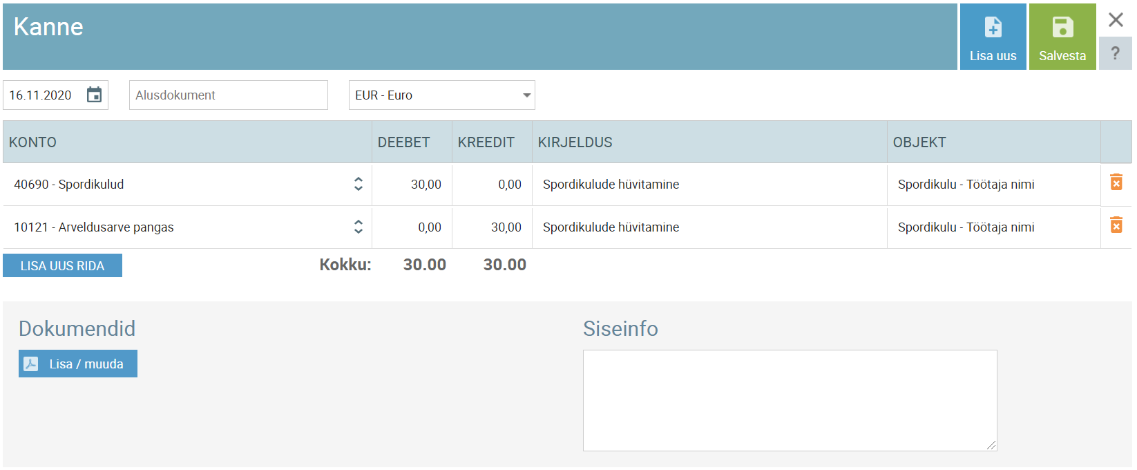 spordikulude hüvitamine pearaamatu kandega