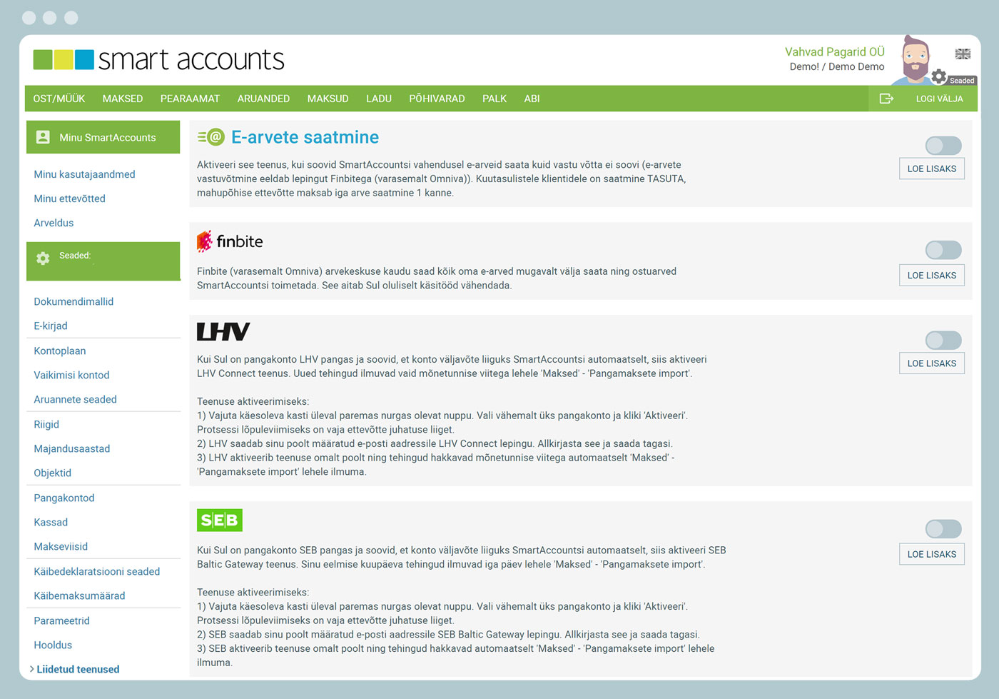 SmartAccounts raamatupidamistarkvara liidetud teenuste aktiveerimise lehekülg