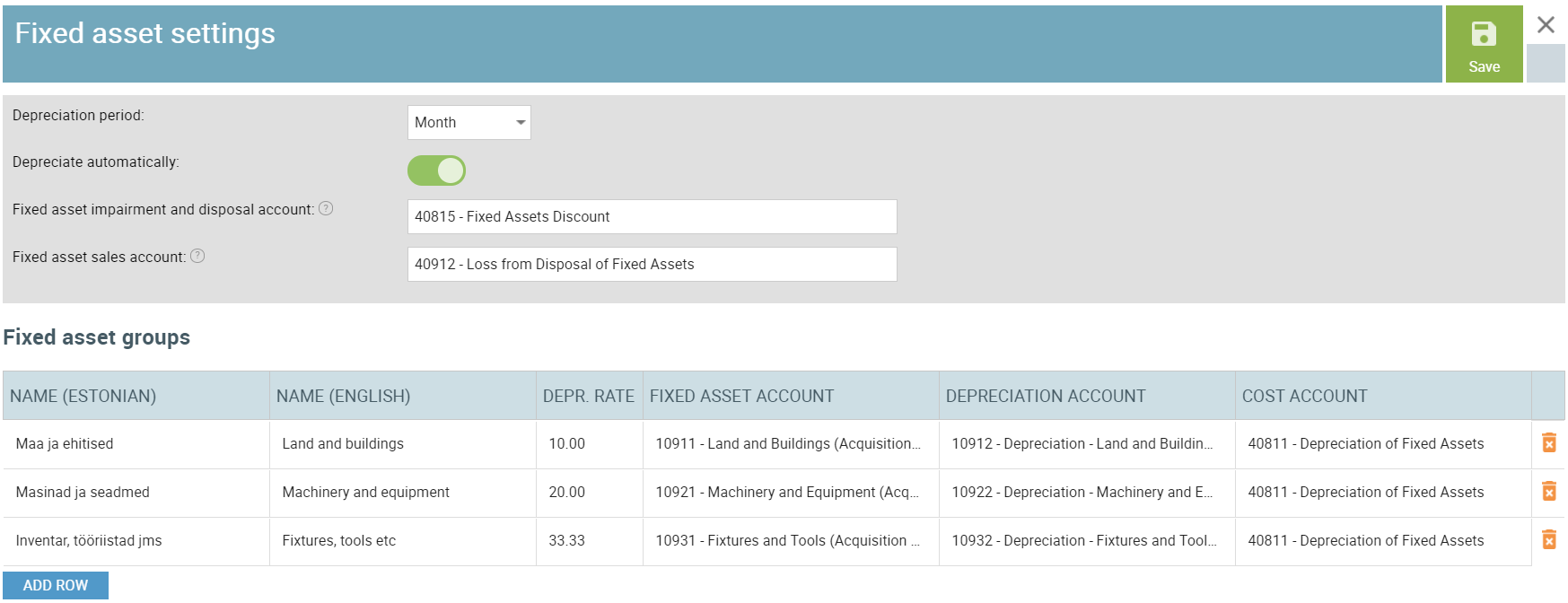 fixed asset settings