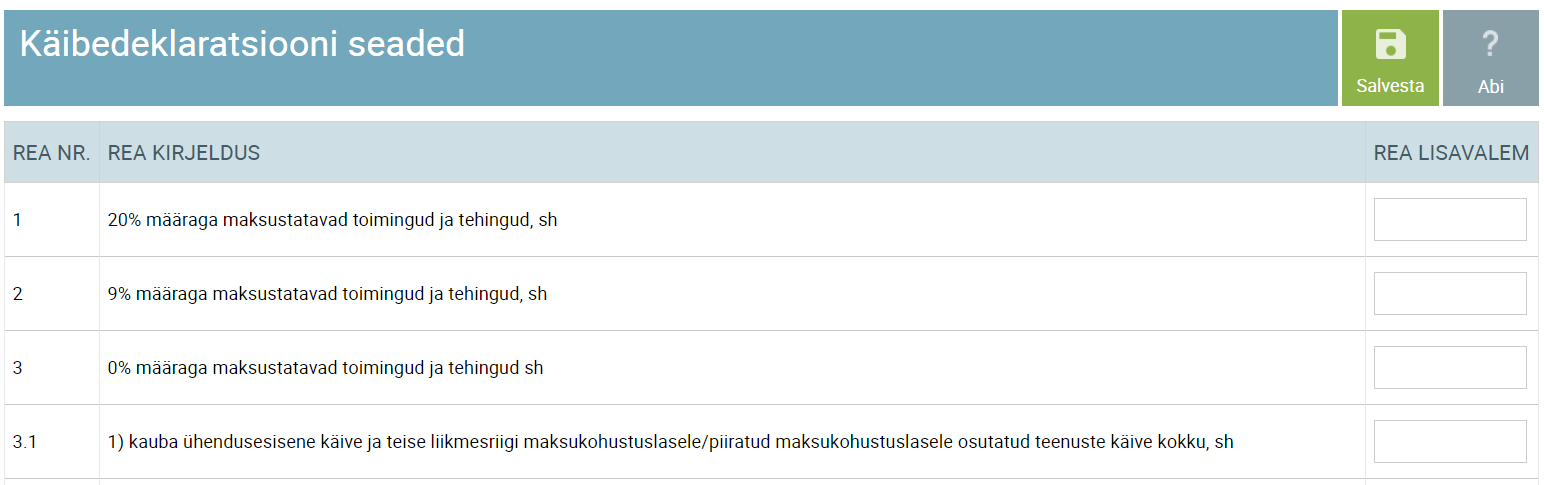 käibedeklaratsiooni seaded