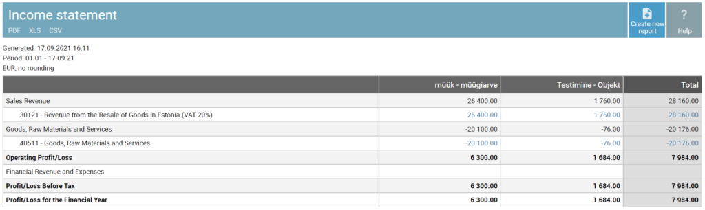 income statement with objects