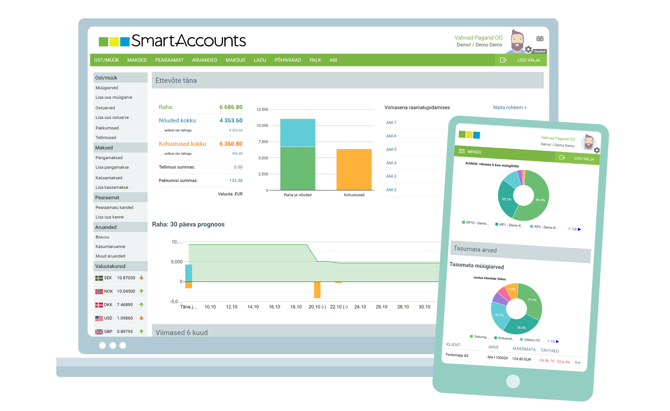 SmartAccounts raamatupidamistarkvara avaleht koos avalehe graafikutega